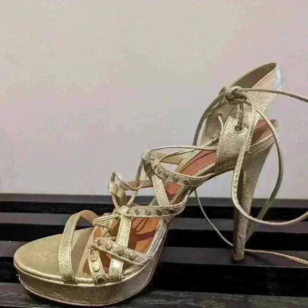 Gold High Heel Lace Up Pumps - Size 8.5 Excellent Condition